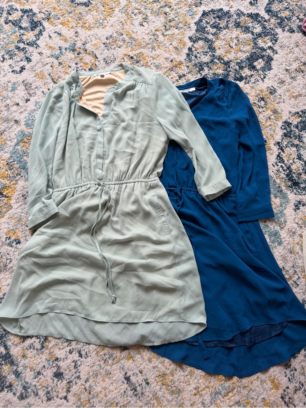 DR2 Light Sage and blue Long Sleeve Drawstring Dresses